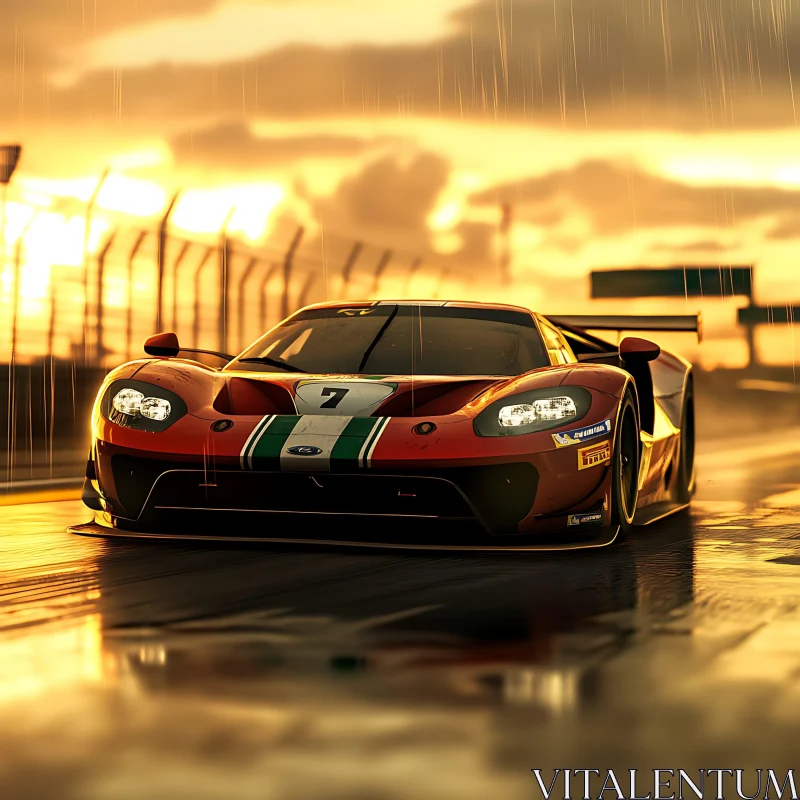 Race Car at Sunset on Wet Track AI Image