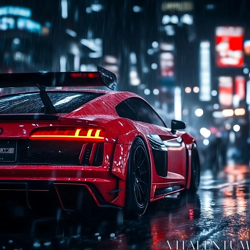 Red Sports Car on Wet Urban Street at Night AI Image