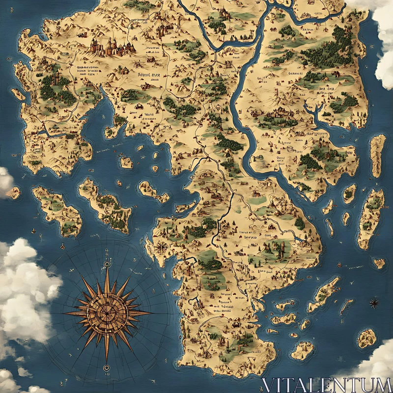 Detailed Ancient World Map with Compass Rose AI Image