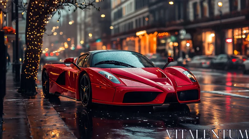 Rainy Night Luxury: Red Supercar on Wet City Street AI Image