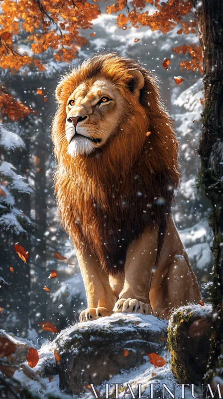 AI ART Regal Lion in Fall Snow Scene