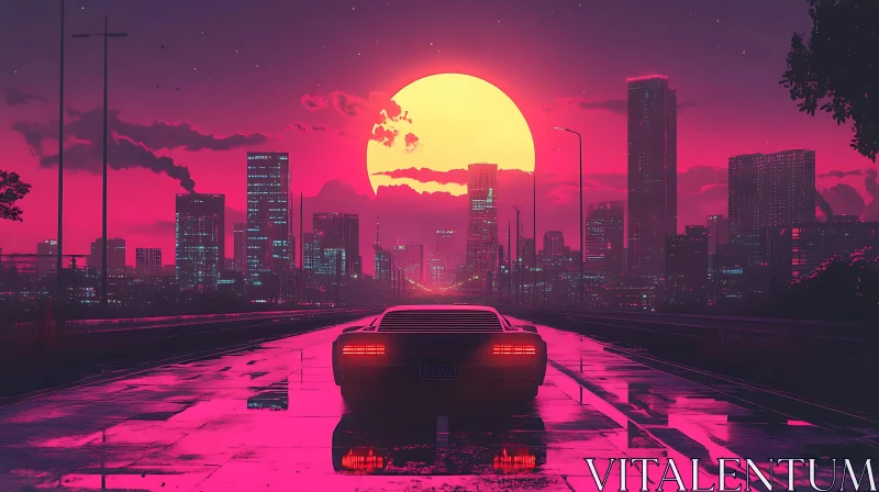 Neon-Hued Sunset Over City with Lone Car AI Image