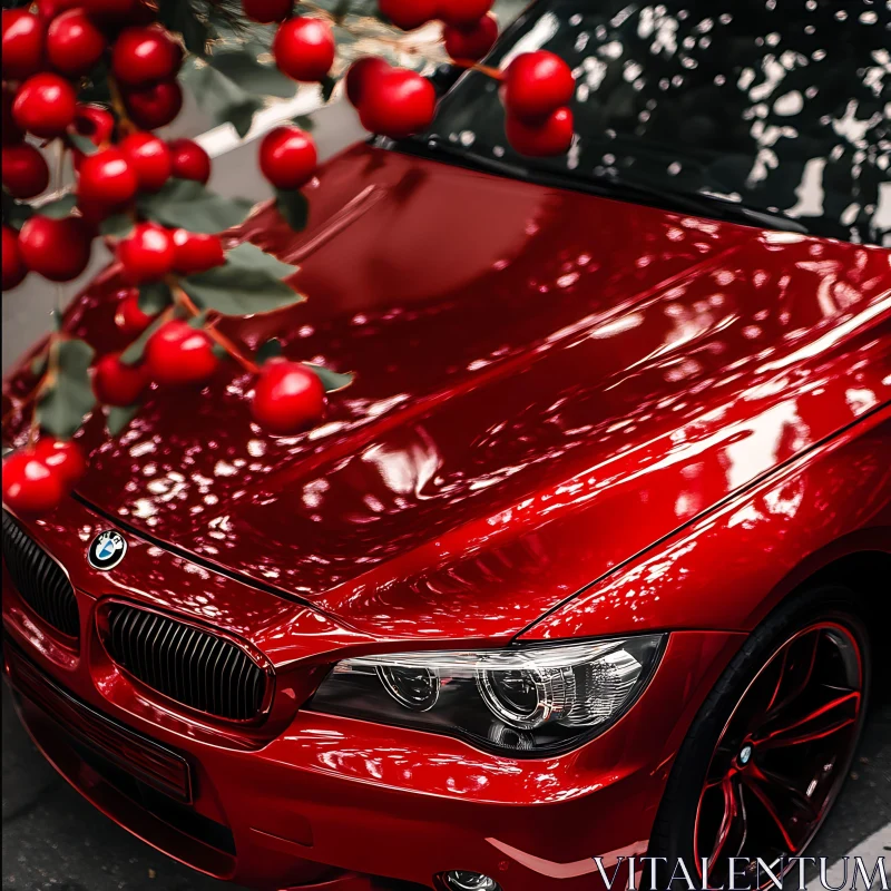 Luxurious Red BMW Near Tree AI Image