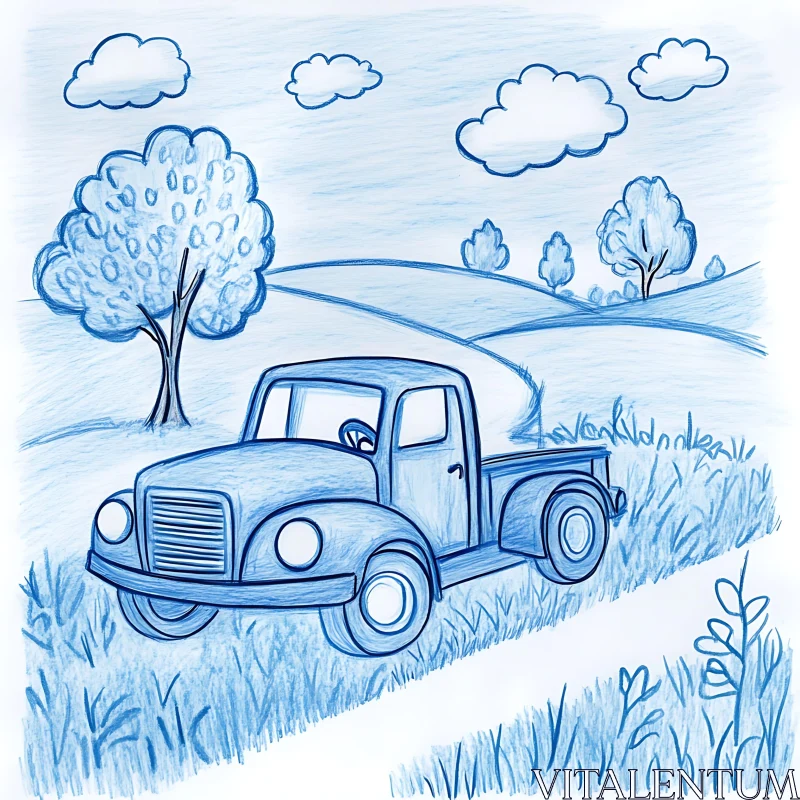 Pencil Drawing of Rural Truck Scene AI Image