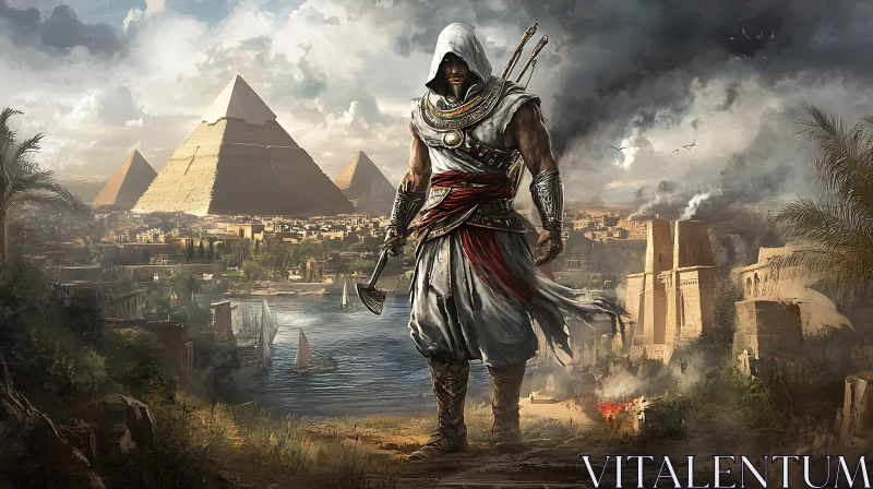 Mystical Desert Warrior near Giza Pyramids AI Image