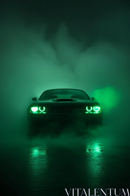 Eerie Car in Green Light and Foggy Night AI Image