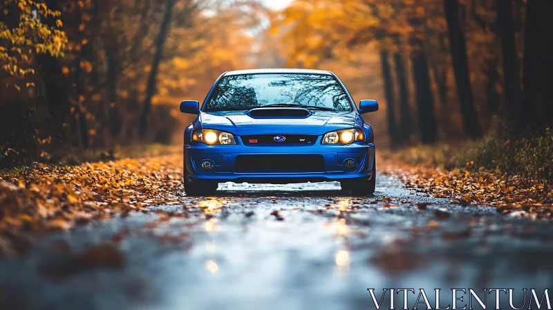 Autumn Scene with Blue Car AI Image