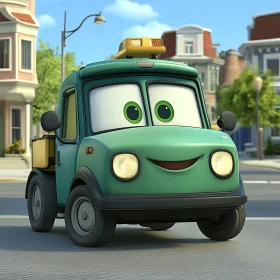 Smiling Animated Green Truck on City Street