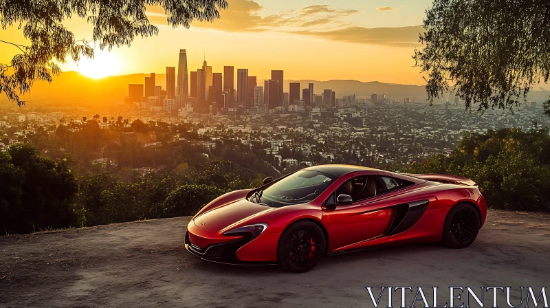 Luxury Red Car in Urban Sunset Scene AI Image