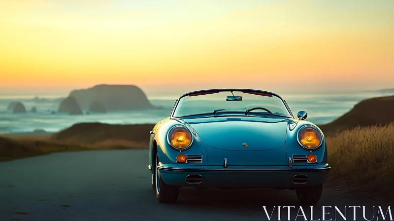 Classic Convertible Car by the Coast at Sunset AI Image