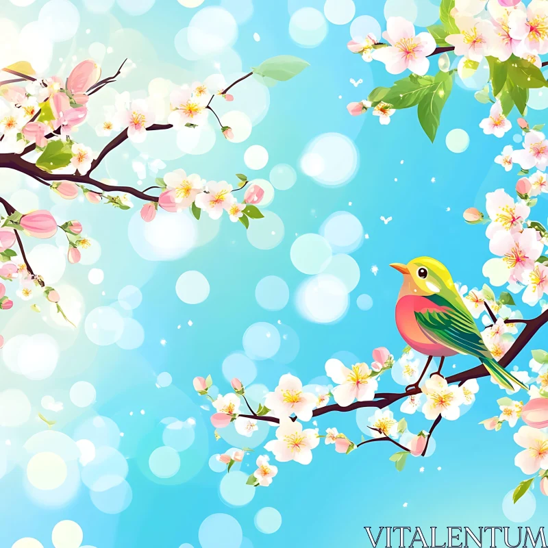 Bird and Blossoms Illustration AI Image