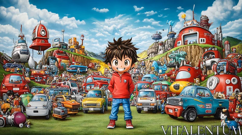 Futuristic Anime City with Child and Machines AI Image