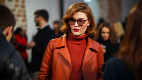 Confident Woman in Red Sweater and Glasses Standing in Front of a Crowd
