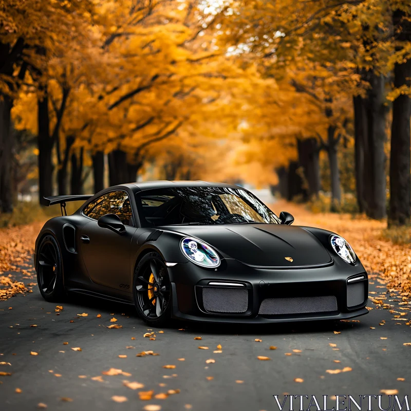 Black Sports Car in Autumn Forest AI Image