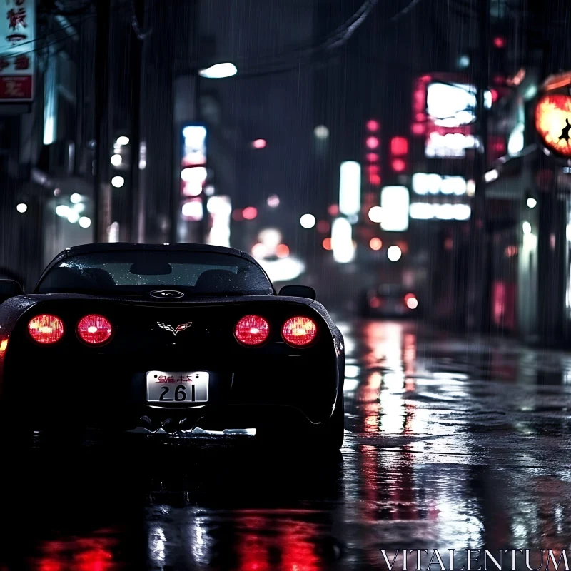 Sportscar Parked on Rainy Urban Street at Night AI Image