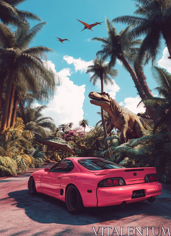 Modern Car in Dinosaur-Inhabited Jungle AI Image