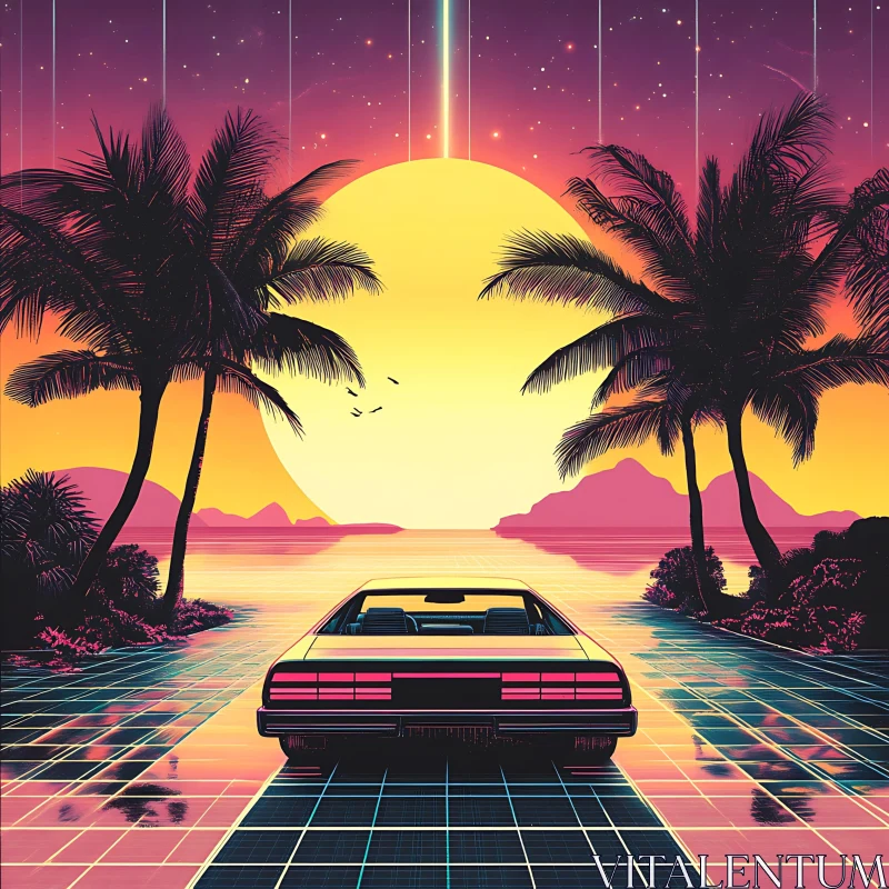 Retro Car Journey in Surreal Sunset AI Image