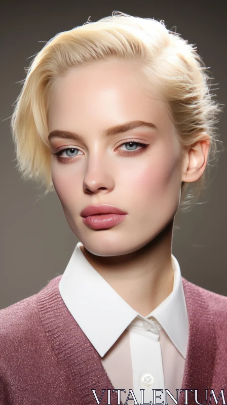 Sophisticated Fashion: Blonde Model in Pink Sweater and White Shirt AI Image