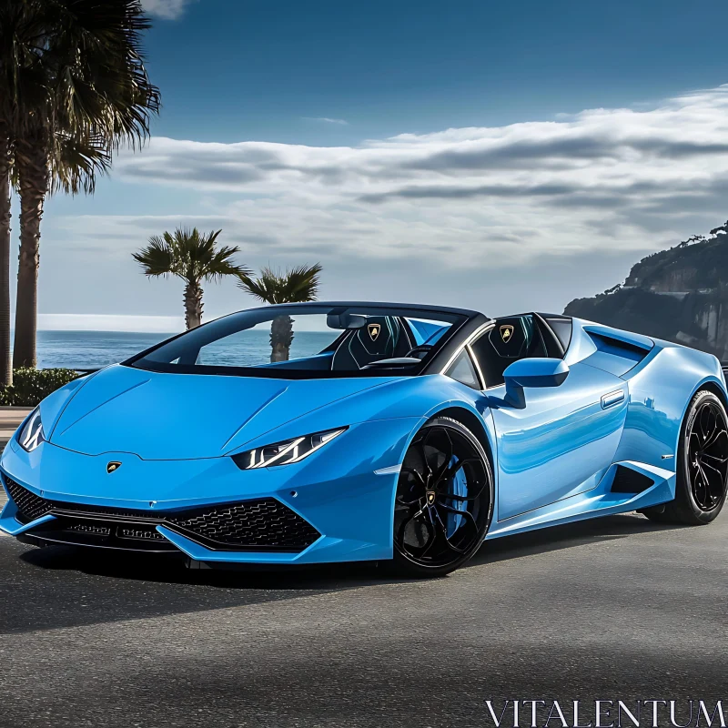 Exotic Blue Lamborghini by the Sea AI Image