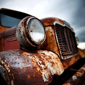 Rust-Covered Old Car with Vintage Headlight