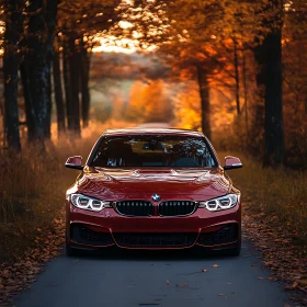 Autumn Landscape with Red Car and Fall Leaves