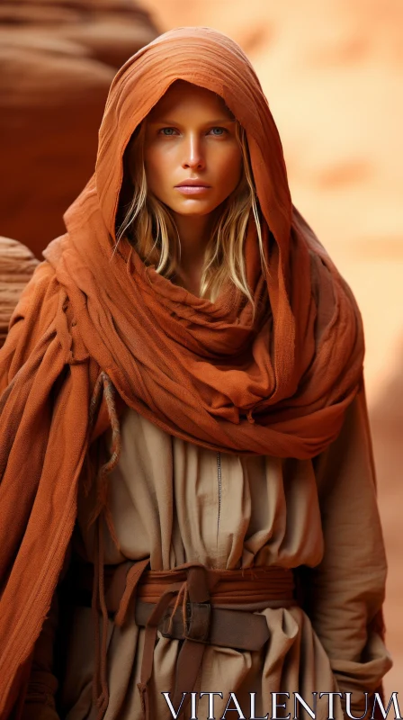 Blonde Woman in Orange Hood: Layered Fabrications in the Desert AI Image