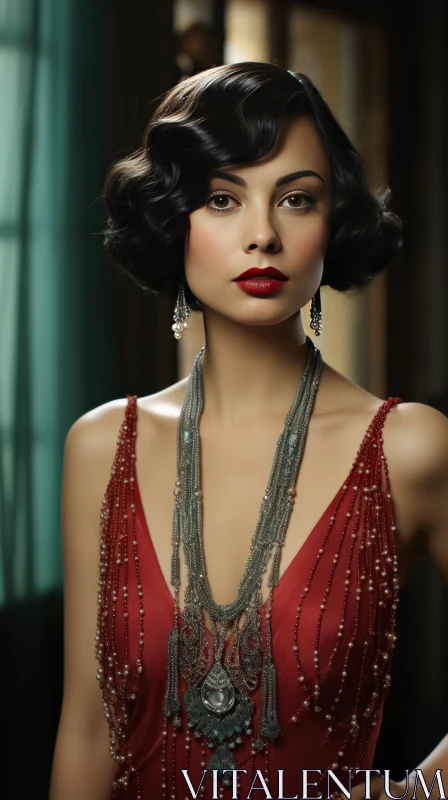 Captivating Woman in Red Dress with Art Deco Necklace AI Image