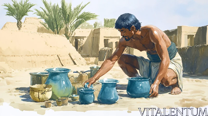 Man with Pottery in Ancient Setting AI Image