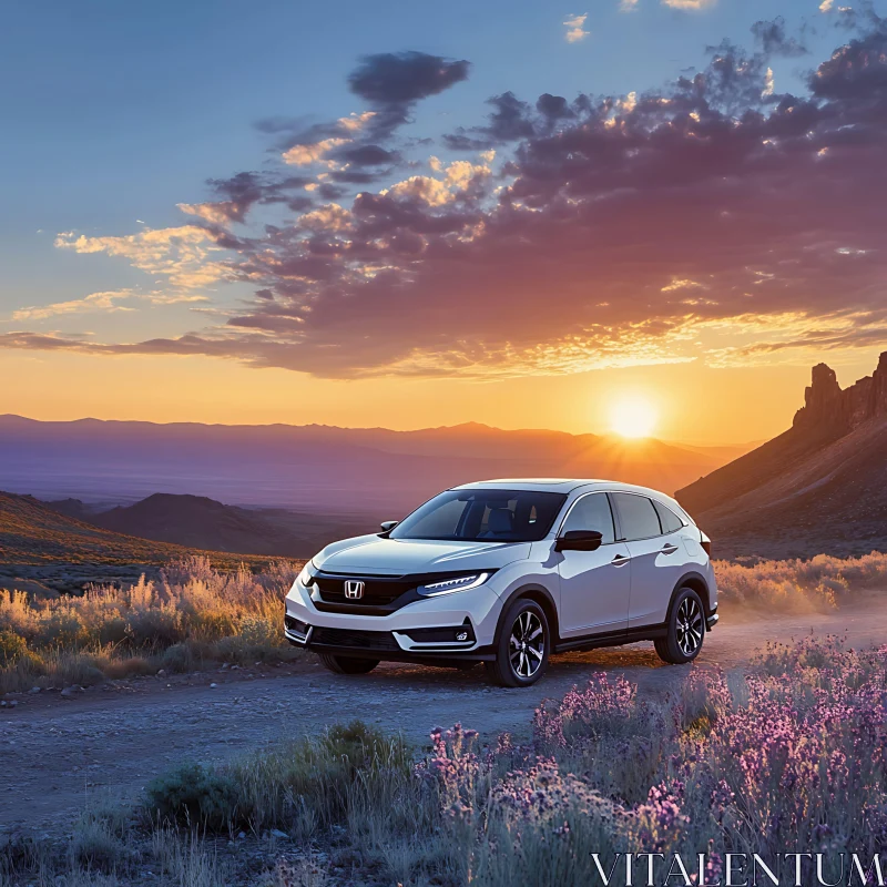 SUV Amidst Mountainous Sunset AI Image