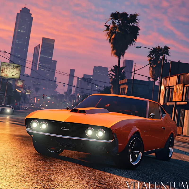 Urban Sunset Drive with Classic Muscle Car AI Image