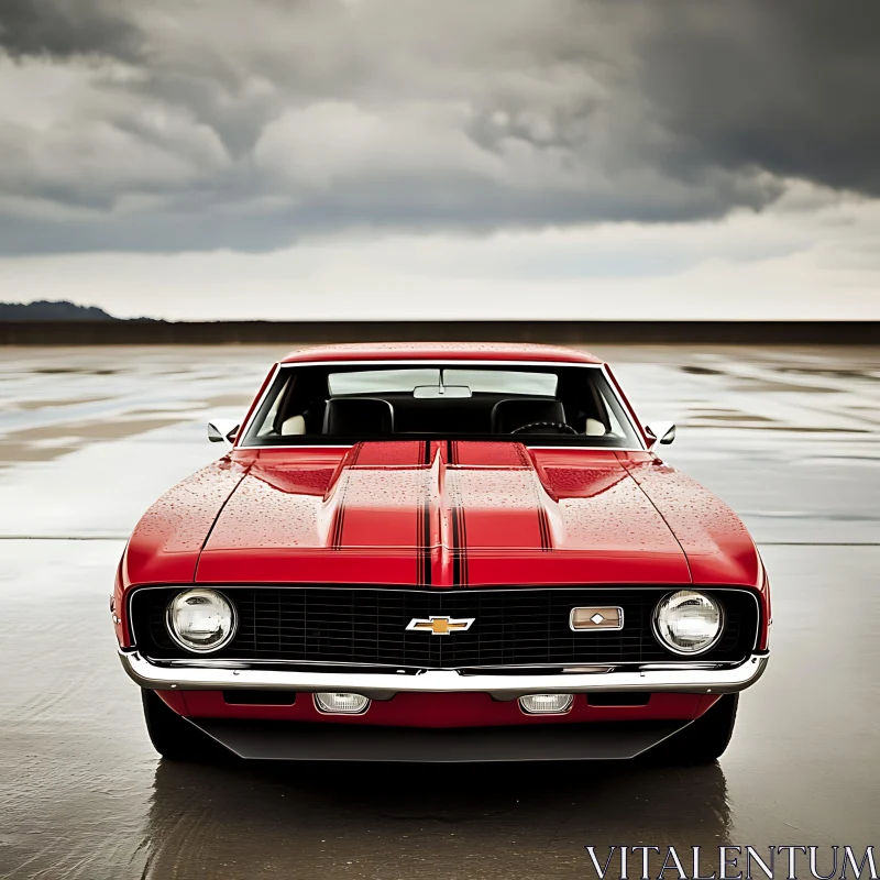 Iconic Red Muscle Car with Racing Stripes AI Image