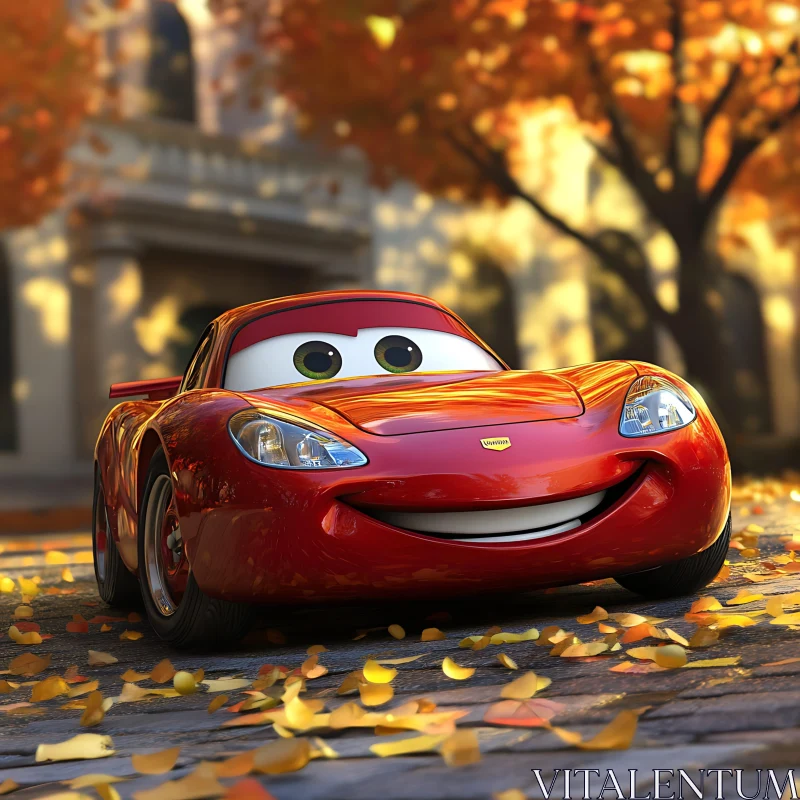 Smiling Red Car in Fall AI Image