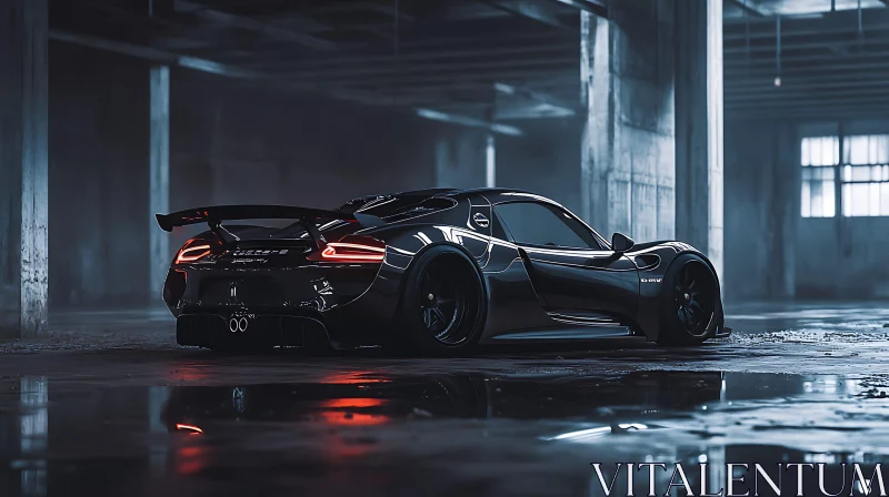 Black Supercar with Reflective Surface in a Garage AI Image