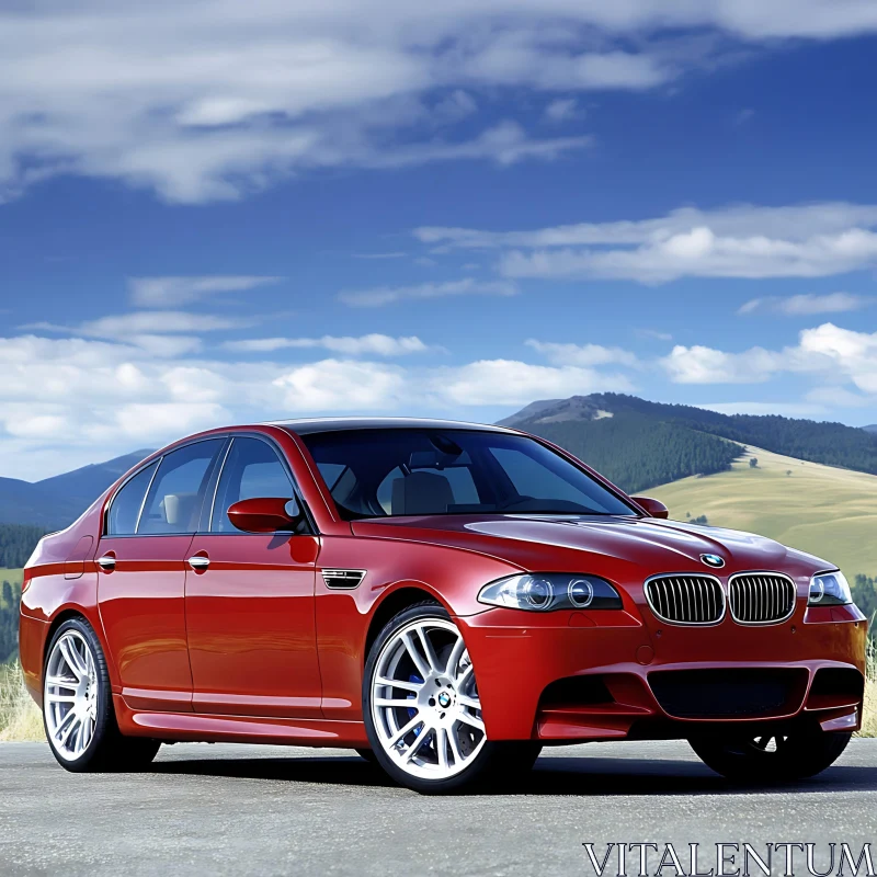 Red Sports Sedan in Countryside AI Image