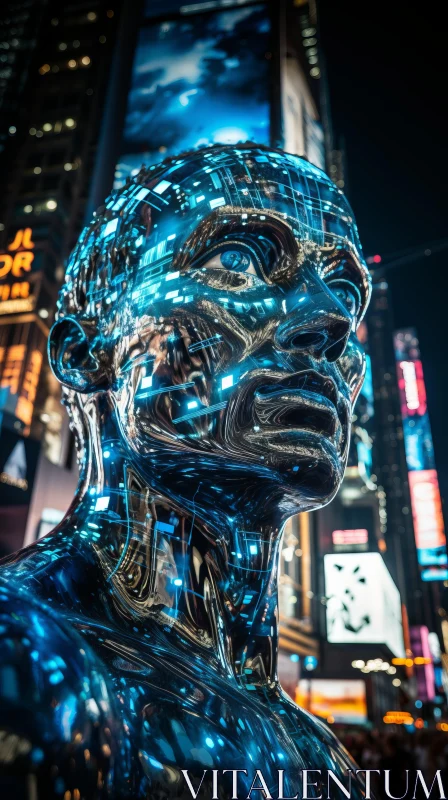 Futuristic Liquid Metal Statue in New York City at Night AI Image