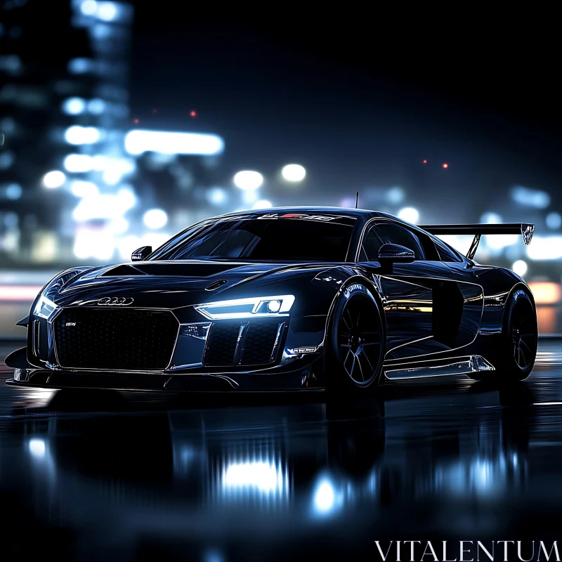 Glistening Black Supercar at Night in the City AI Image