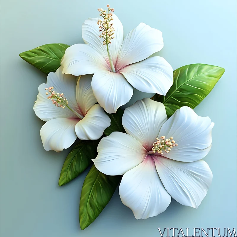 Elegant White Hibiscus and Green Leaves AI Image