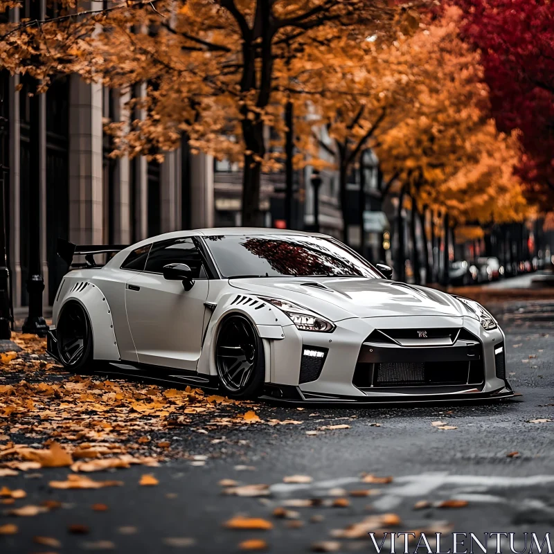 Luxury White Car Amidst Autumn Leaves AI Image