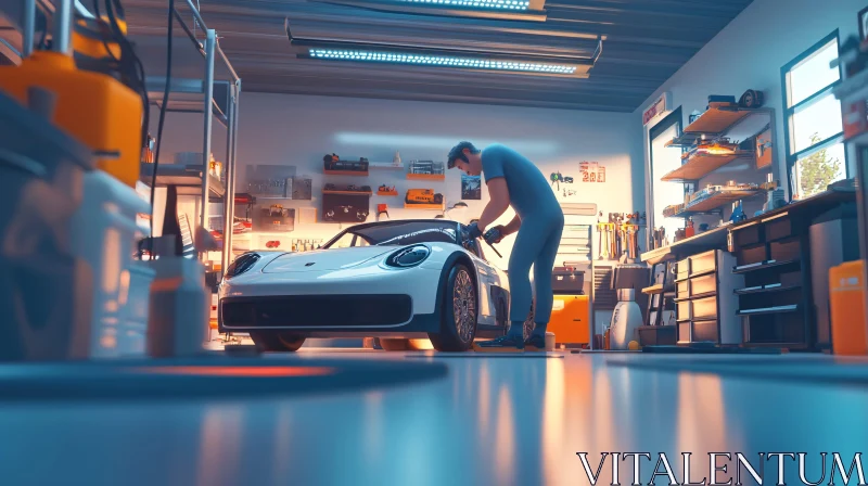 Professional Garage Scene with White Sports Car AI Image