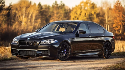 Elegant Black BMW Sedan with Autumn Foliage