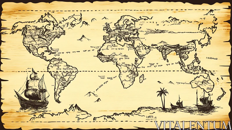 AI ART Historical World Map with Classic Sailing Ships