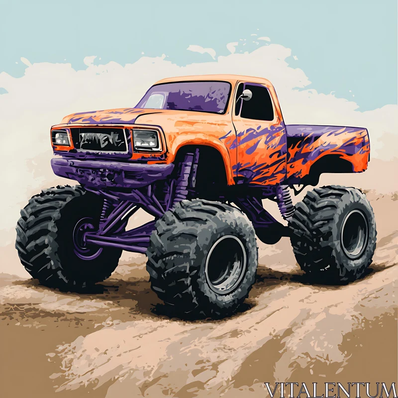 Fierce Monster Truck with Vibrant Orange and Purple Flamed Design AI Image