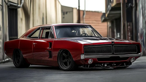 Vintage Red Car in Alleyway