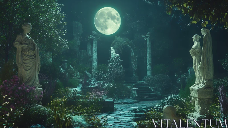 Mystical Moonlit Garden Scene AI Image