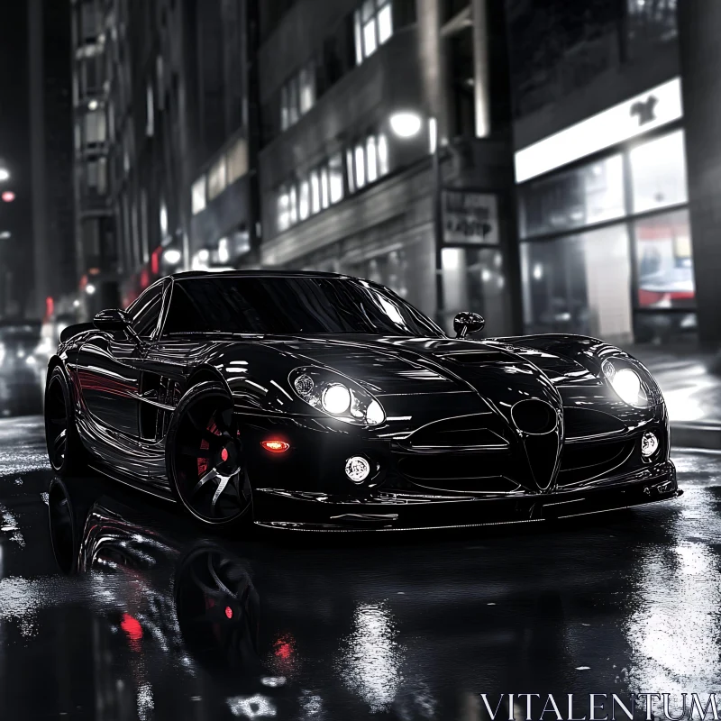 Sleek Black Sports Car in Night City AI Image