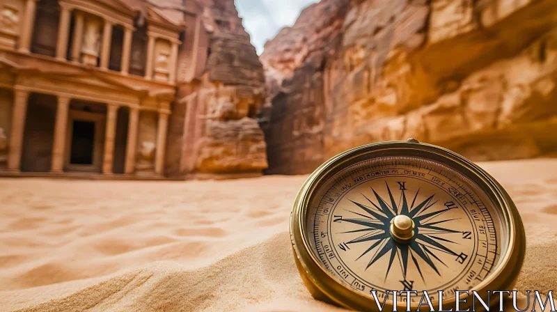 Ancient World Navigation: Compass and Sandstone Ruins AI Image