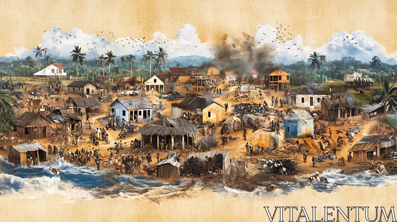 Lively Waterfront Village with Smoke and People AI Image