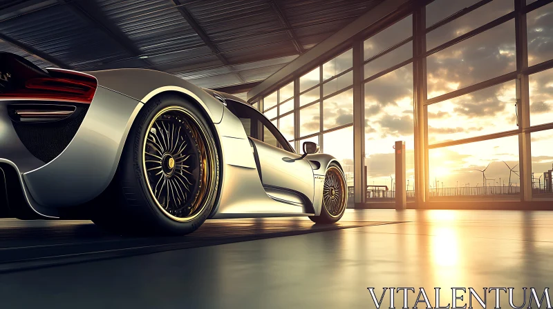 Luxurious Sports Car in Sunset-lit Garage AI Image