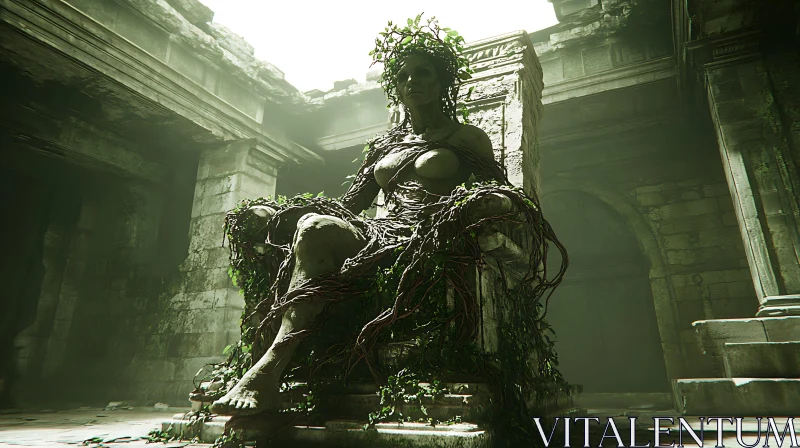 Mythical Sculpture Overgrown in Ancient Ruins AI Image