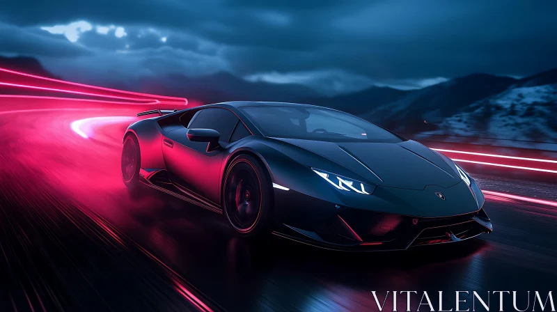 Sleek Black Supercar Night Drive AI Image